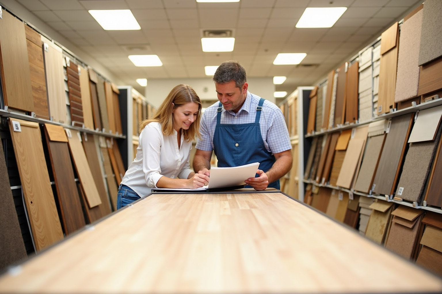 Dockery Floorcovering showroom with customers reviewing flooring samples